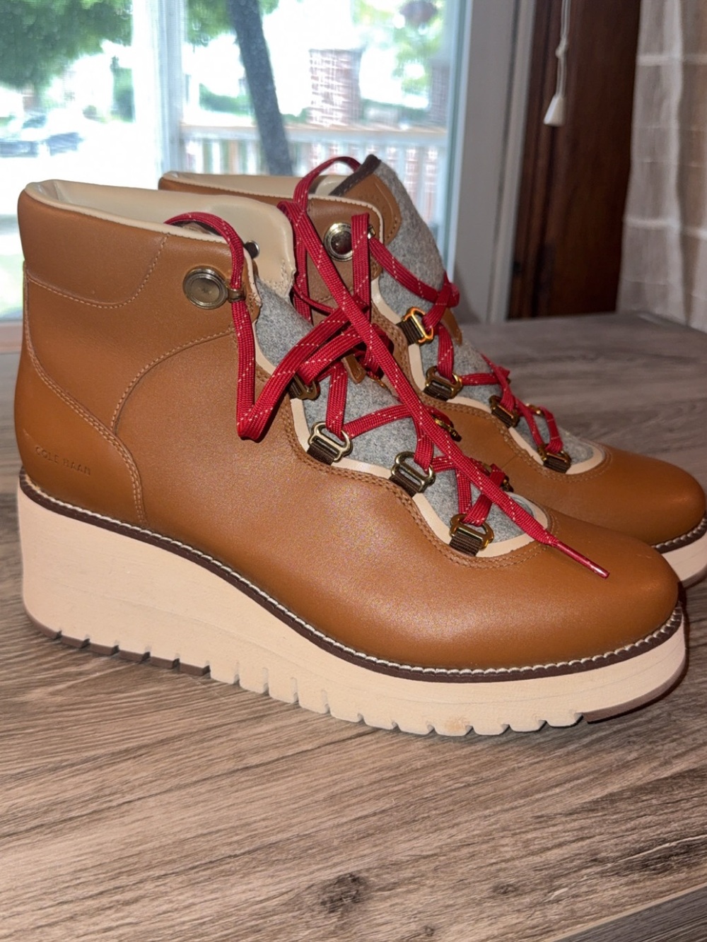 Cole Haan Tan Wedge Lace-Up Boots with Red Laces